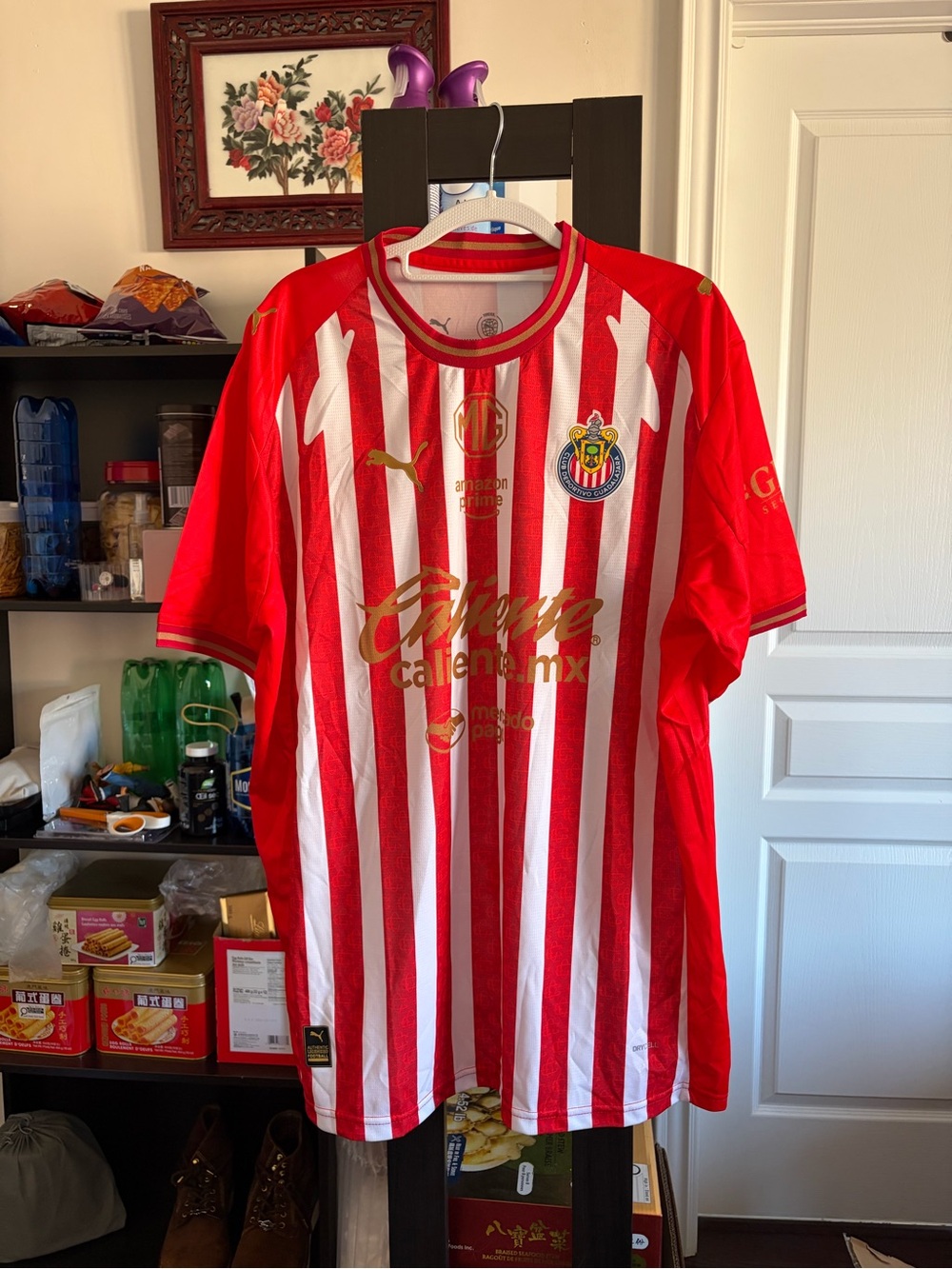 Puma Red & White Striped Soccer Jersey with Gold Accents